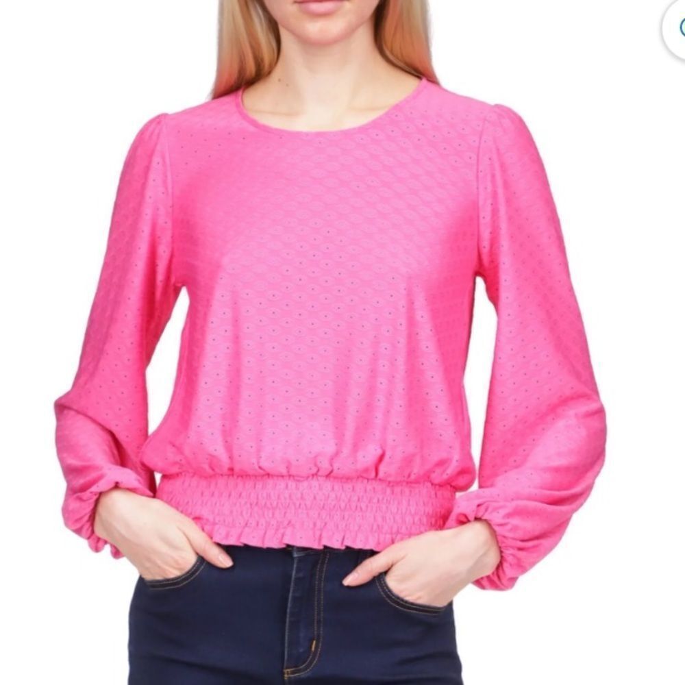 Michael Kors Women's Faux-Eyelet Smocked Top Cerise Pink Balloon Sleeve